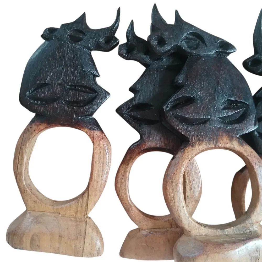 Vintage 80's Hand Carved Napkin Rings Wood Polished Artisan Ethnic Rhino Animals